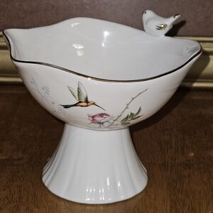 Candy Dish Hummingbird & Pink Flowers Gold Accents Scalloped Rim Songbird